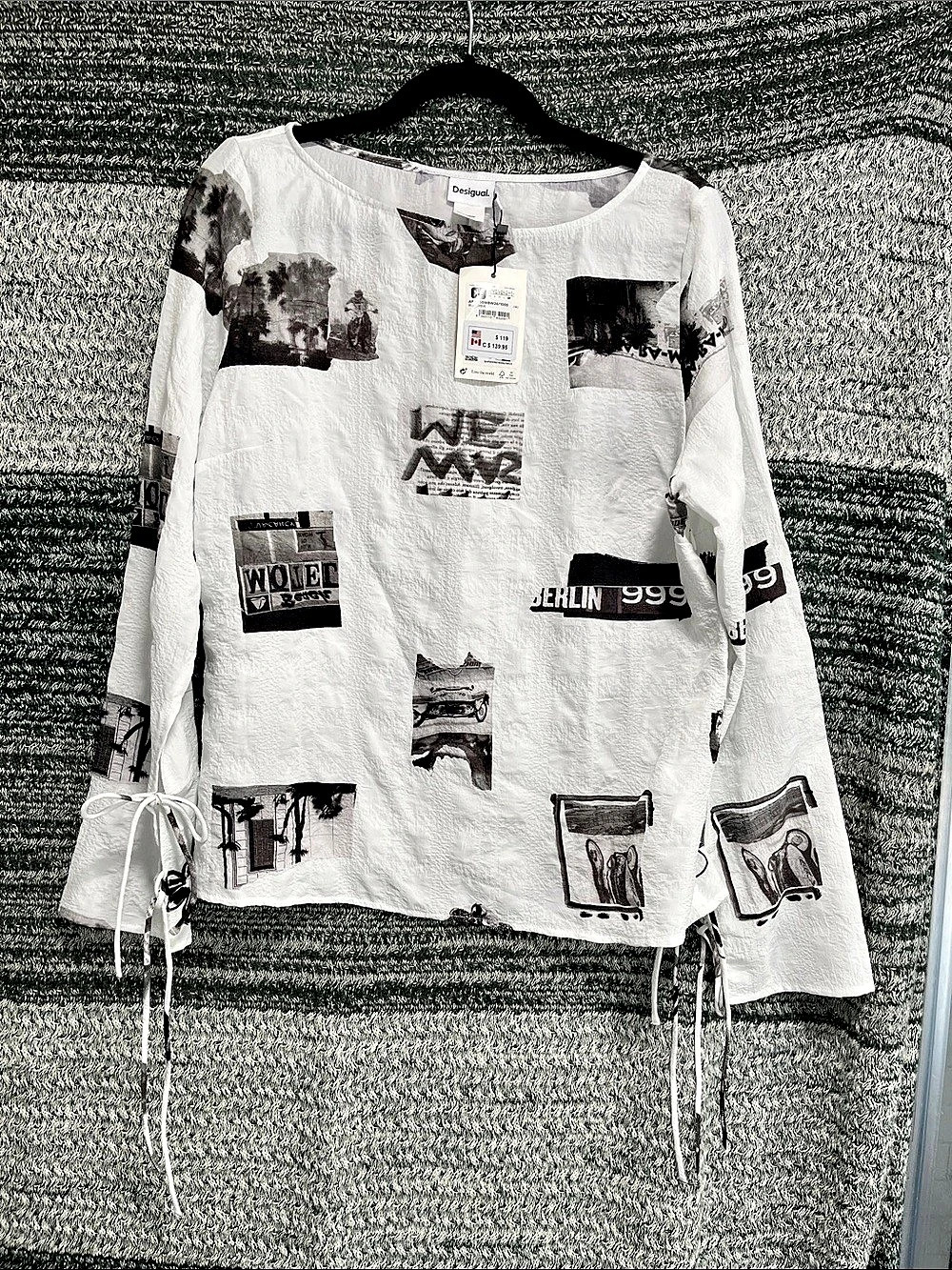 Desigual BLOUS. PIQUE Abstract Print Blouse White & Black Size XL